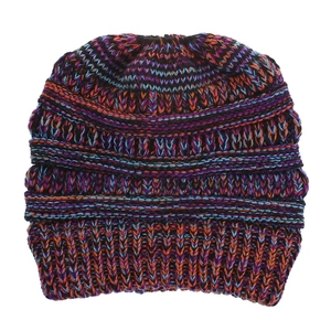 Chunky mixed color knit beanie for women in vibrant orange purple and blue hues
