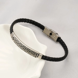 Men's woven black leather bracelet with stainless steel clasp and star patterns