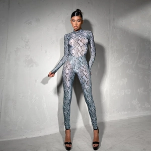 Body grigio-blu con stampa serpente a maniche lunghe e collo alto, vestibilità slim