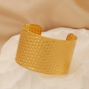 Gold wide open cuff bracelet with hammered woven texture in stainless steel