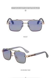 Front and 45-degree side view of gold rimless sunglasses with blue gradient lenses
