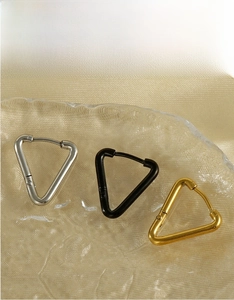 Dettaglio degli orecchini a triangolo in acciaio al titanio in argento, oro e nero