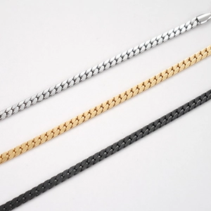 Flat interlocking titanium steel chains in silver, gold, and black metallic finishes