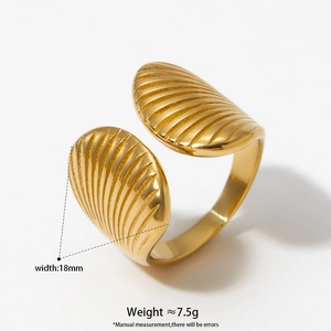 Gold stainless steel shell ring with 18mm width and radial texture on white background
