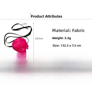 Detailed view of pink fabric rose choker with black ribbon tie including product dimensions