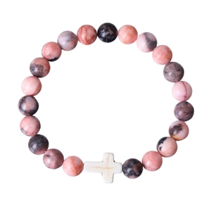 Close-up of pink and black marbled stone beads bracelet featuring a white cross charm