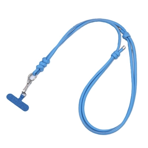 Sky blue adjustable PU leather phone lanyard with silver swivel hook and fabric pad