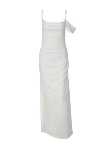 Elegant white backless maxi dress with side ruching and sleek spaghetti straps