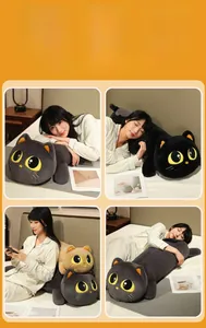 Three colors of long cat plush pillows shown in a cozy home bedroom setting on a bed