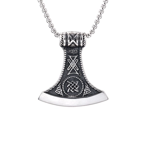 Viking axe pendant necklace in vintage silver steel with Nordic engraved patterns