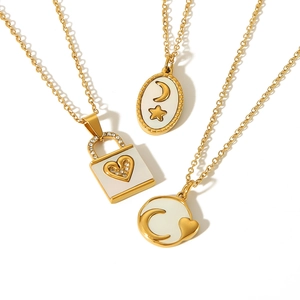 18k gold plated heart and moon pendants stainless steel necklaces with enamel and crystals