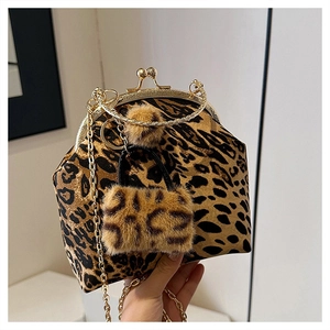 Chic leopard print shell bag for women with gold chain strap and plush pendant charm