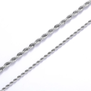 Detailed close-up of two polished stainless steel rope chains in different thicknesses