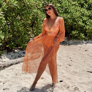Women's orange mesh V-neck cover-up beach dress with tropical print and long sleeves