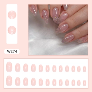Pink ombre press-on nails with silver glitter gradient, 24-piece oval almond nail set