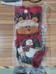 Detail of Christmas stockings with bear and snowman motifs in transparent packaging