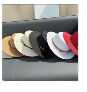 Flat top straw hats in five colors featuring slim leather bands and golden metal buckles