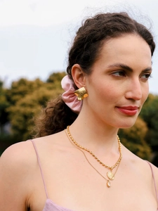 French vintage style gold hammer-textured square earrings and layered coin necklace set