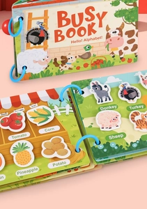 Interactive busy book featuring farm animals and colorful vegetable stickers for early learning