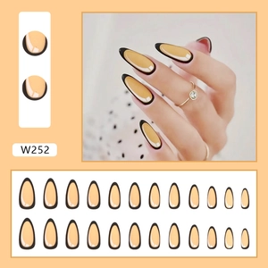 French almond press-on nails with matte beige finish and black outlines, 24 pieces