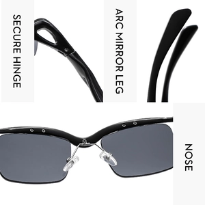 Detailansicht der quadratischen Sonnenbrille mit Scharnieren und Nasenpads