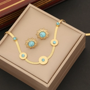 Turquoise Stainless Steel Jewelry Set Sunburst Pendant Herringbone Snake Chain Necklace Bracelet Earrings Women