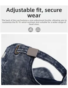Detail of adjustable metal buckle and bronze ring on washed denim baseball cap back