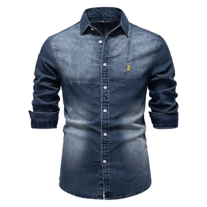 Classic dark blue washed denim shirt for men featuring long sleeves and 3D silhouette