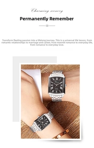 Detail view of Chenxi silver quartz watches with black rectangular dials on couple's wrists