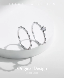 Macro detail of S925 sterling silver stamp and sparkling Moissanite stones on ring set