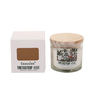 Ebony agarwood scented candle in glass jar with wooden lid and minimalist white gift box