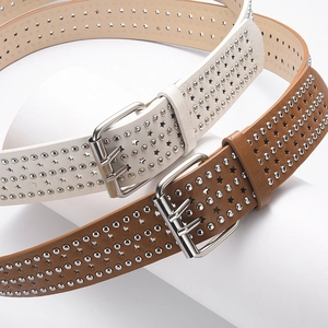 Punk hip hop leather belt with silver star cutouts and studs in white and brown