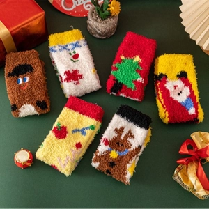 Thick coral fleece Christmas socks set with warm embroidery and festive holiday patterns