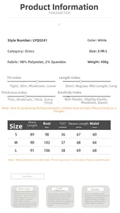 Detailed size chart for white long sleeve V-neck chiffon dress with dimensions in cm