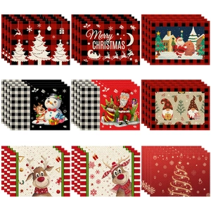 Christmas Placemats Linen Polyester Blend Waterproof Heat Resistant Holiday Dining Table Decor Reindeer Snowman Gnomes Print