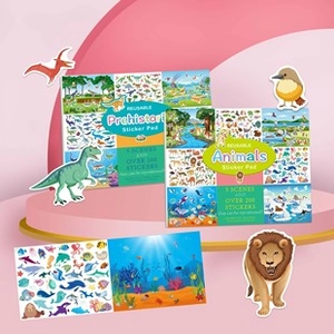 Detail of dinosaur and animal sticker book showing colorful prehistoric ocean scenes