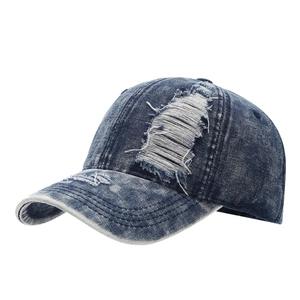 Washed denim baseball cap with distressed rip details in dark blue for outdoor casual wear
