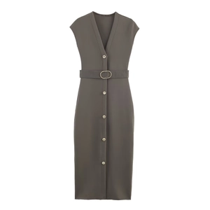 Fashionable V-neck sleeveless midi dress in dark grey-green with buttons and belt