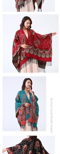 Detailed view of paisley and leaf patterns on long soft fringed pashmina scarves