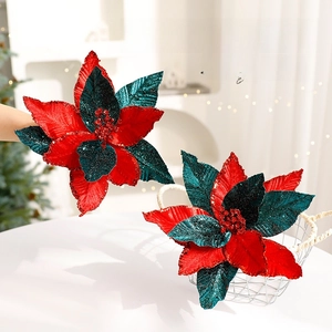 Artificial Christmas Poinsettia Flowers Velvet Flannel Sparkling Glitter Finish Xmas Tree Decoration Ornaments