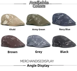 Matrix display of vintage newsboy caps featuring six colors with white splatter paint patterns