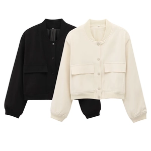 Damen Kurze Varsity Jacke Baseball Kragen Druckknopf Langarm Große Taschen Rippstrick Bündchen Casual Preppy Outwear