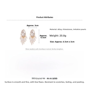 Detailed view of silver needle pearl tassel earrings with rhinestones and oval design