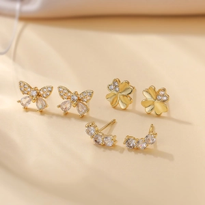 Elegant Copper 18K Gold Plated Zirconia Butterfly Bow Stud Earrings Four Leaf Clover Wing Shape Jewelry For Women