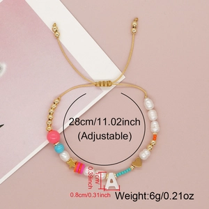 Adjustable beaded letter A bracelet with pearls, gold hearts and stars, 28cm length