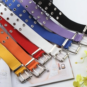 Fashion canvas grommet belts with double row eyelets and silver twin-pin metal buckles