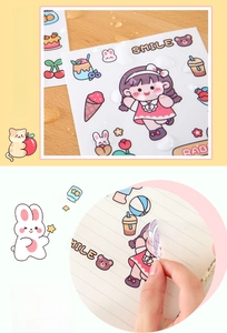 Close-up of waterproof cartoon stickers showing precise die-cut edges and easy peeling
