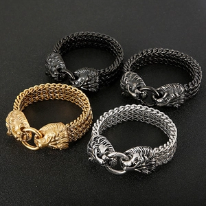 Punk style lion head woven steel bracelets in gold, silver, black, and gunmetal finishes