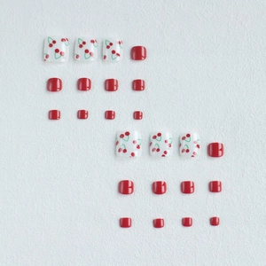 24pcs cherry pattern press-on toenails set in red and white for summer foot beauty