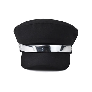 Black baker boy hat featuring a wide silver metallic band and side rivet details